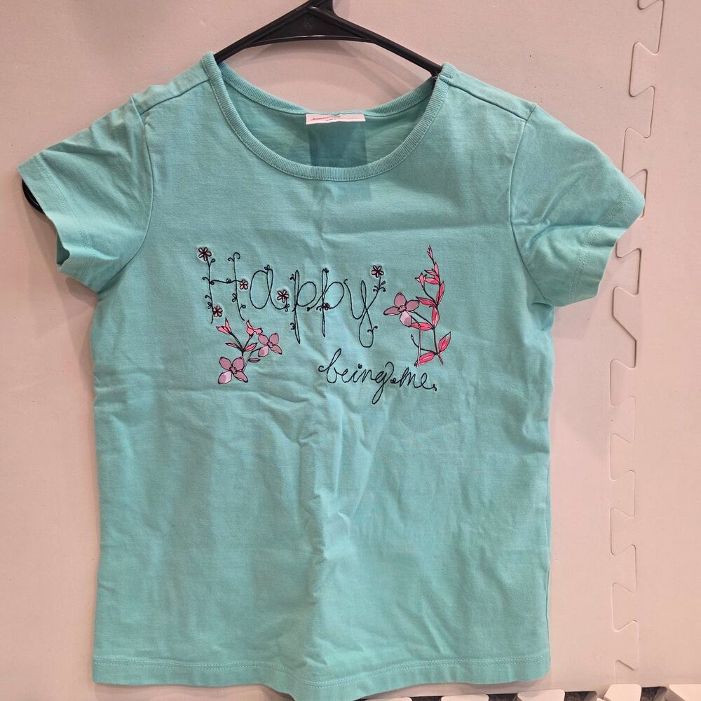 EUC Hanna Anderson mint green "Happy Being Me" tshirt sz 120 US 6